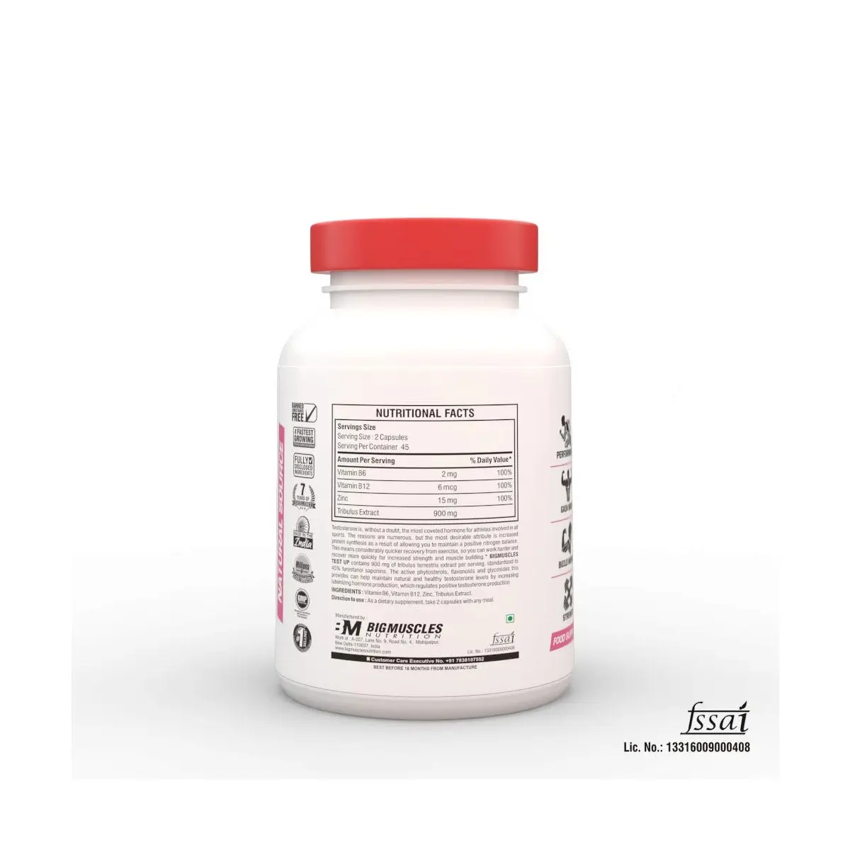 Nutritional facts for Test Up: 2 capsules per serving. Contains Vitamin B6, B12, Zinc, and 900mg Tribulus Extract