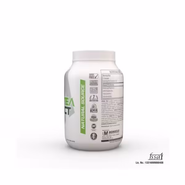 Back label of Bigmuscles Nutrition Green Tea Extract showing nutritional facts, 60 servings, and quality certifications