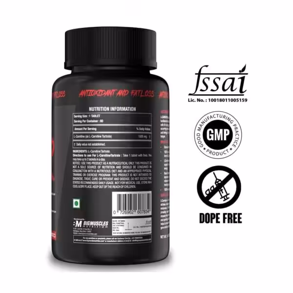 Bigmuscles Nutrition Alcar label: 1000mg L-Carnitine per tablet, 60 servings. FSSAI, GMP, and Dope Free certified