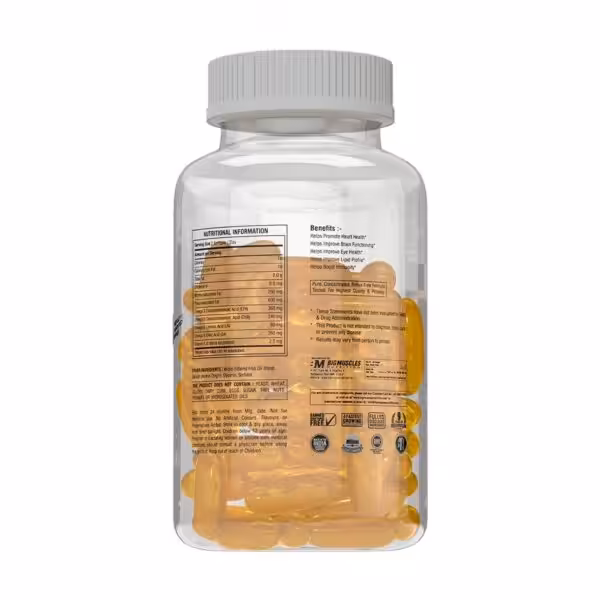 Nutritional facts and benefits label for Bigmuscles Nutrition Fish Oil, showing 360mg EPA and 240mg DHA per serving