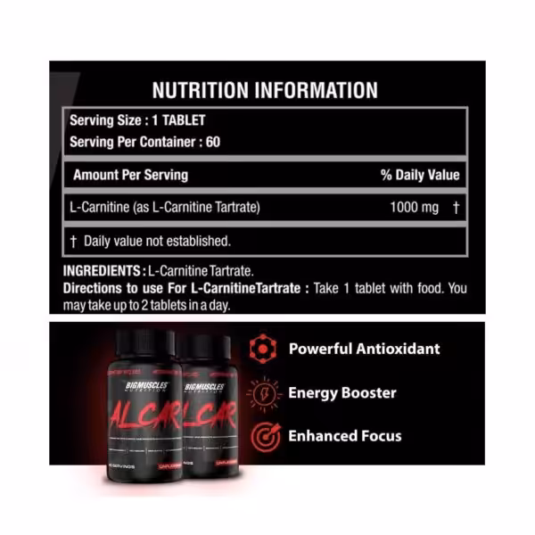 Nutrition facts: 1000mg L-Carnitine per tablet, 60 servings. Benefits: Antioxidant, Energy Booster, Enhanced Focus