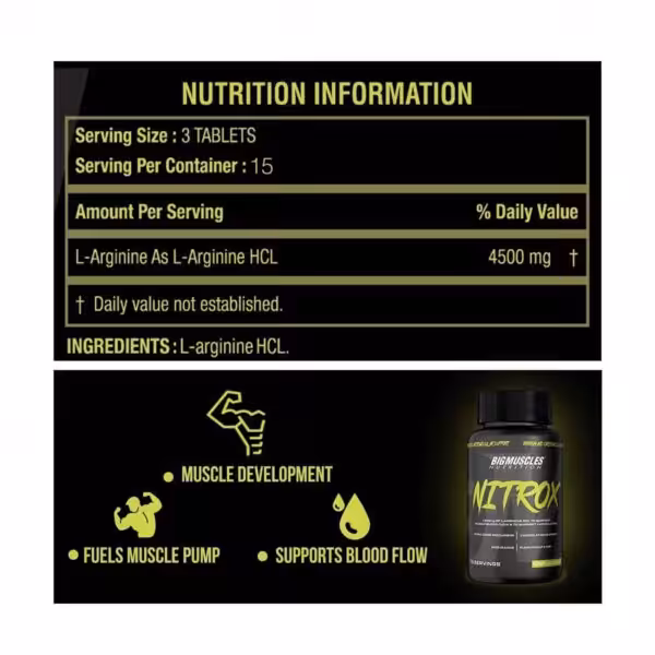 Nitrox nutrition: 4500mg L-Arginine HCL per 3-tablet serving. Supports muscle development, pump, and blood flow