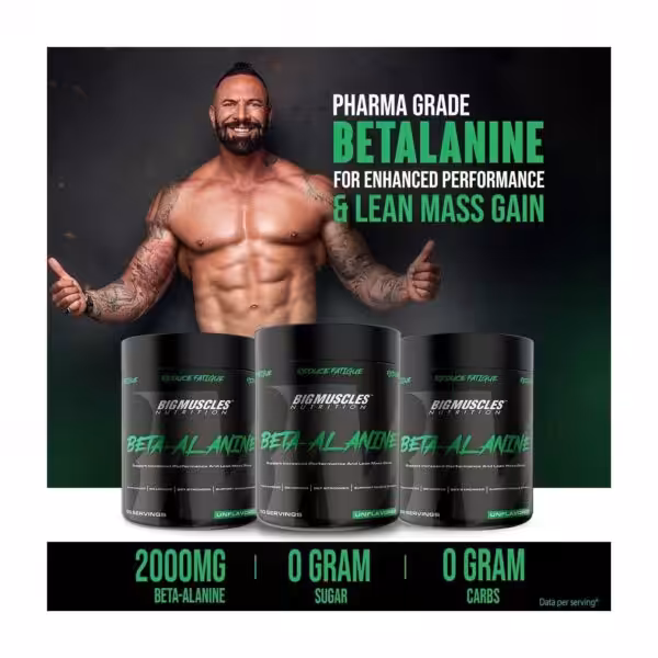 Bigmuscles Beta Alanine for performance and lean mass gain. Contains 2000mg Beta-Alanine, 0g sugar, and 0g carbs