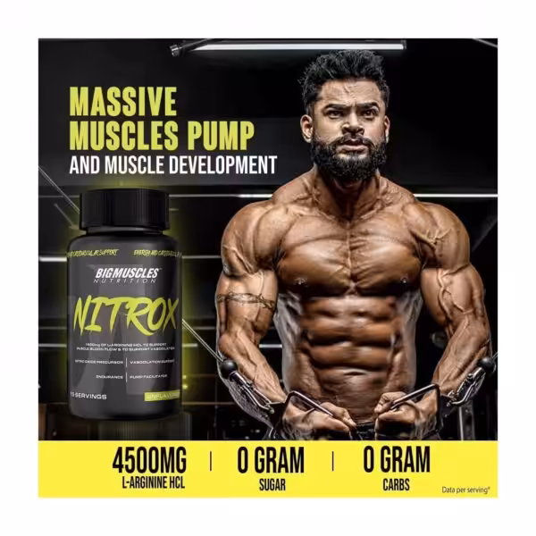 Bigmuscles Nutrition Nitrox: 4500mg L-Arginine HCL, 0g sugar, 0g carbs. Promotes massive muscle pump and development