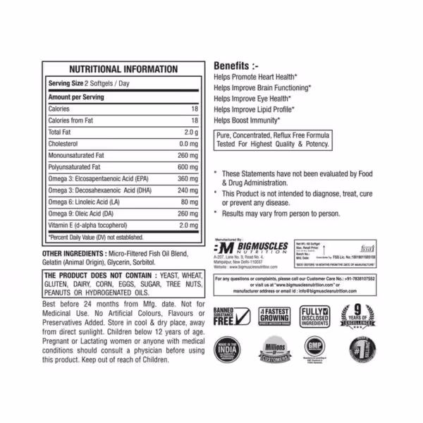 Nutritional facts for Fish Oil Double Strength: 2 softgels provide 360mg EPA and 240mg DHA. Lists benefits and ingredients