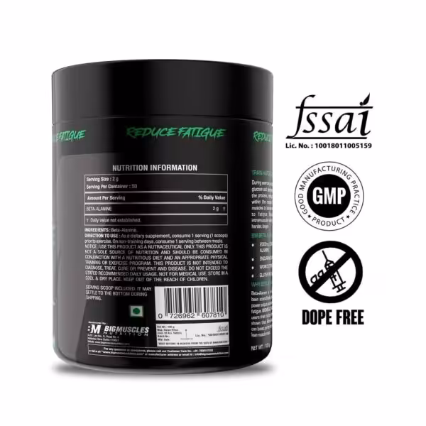 Nutrition facts for Bigmuscles Nutrition Beta Alanine: 2g Beta-Alanine per serving, 50 servings, GMP and Dope Free certified