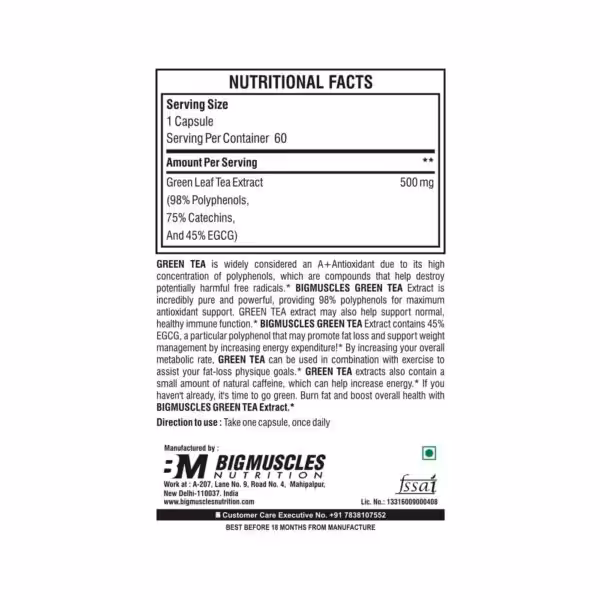 Nutritional facts: 500mg Green Leaf Tea Extract (98% Polyphenols, 45% EGCG) per capsule. 60 servings. Take one capsule daily