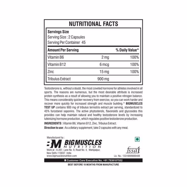 Nutritional facts for Test Up: 2 capsules per serving. Contains Vitamin B6, B12, Zinc, and 900mg Tribulus Extract
