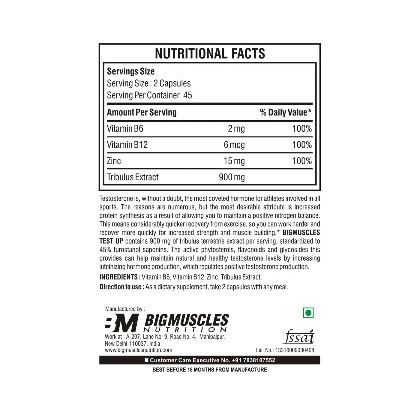 Nutritional facts for Test Up: 2 capsules per serving. Contains Vitamin B6, B12, Zinc, and 900mg Tribulus Extract