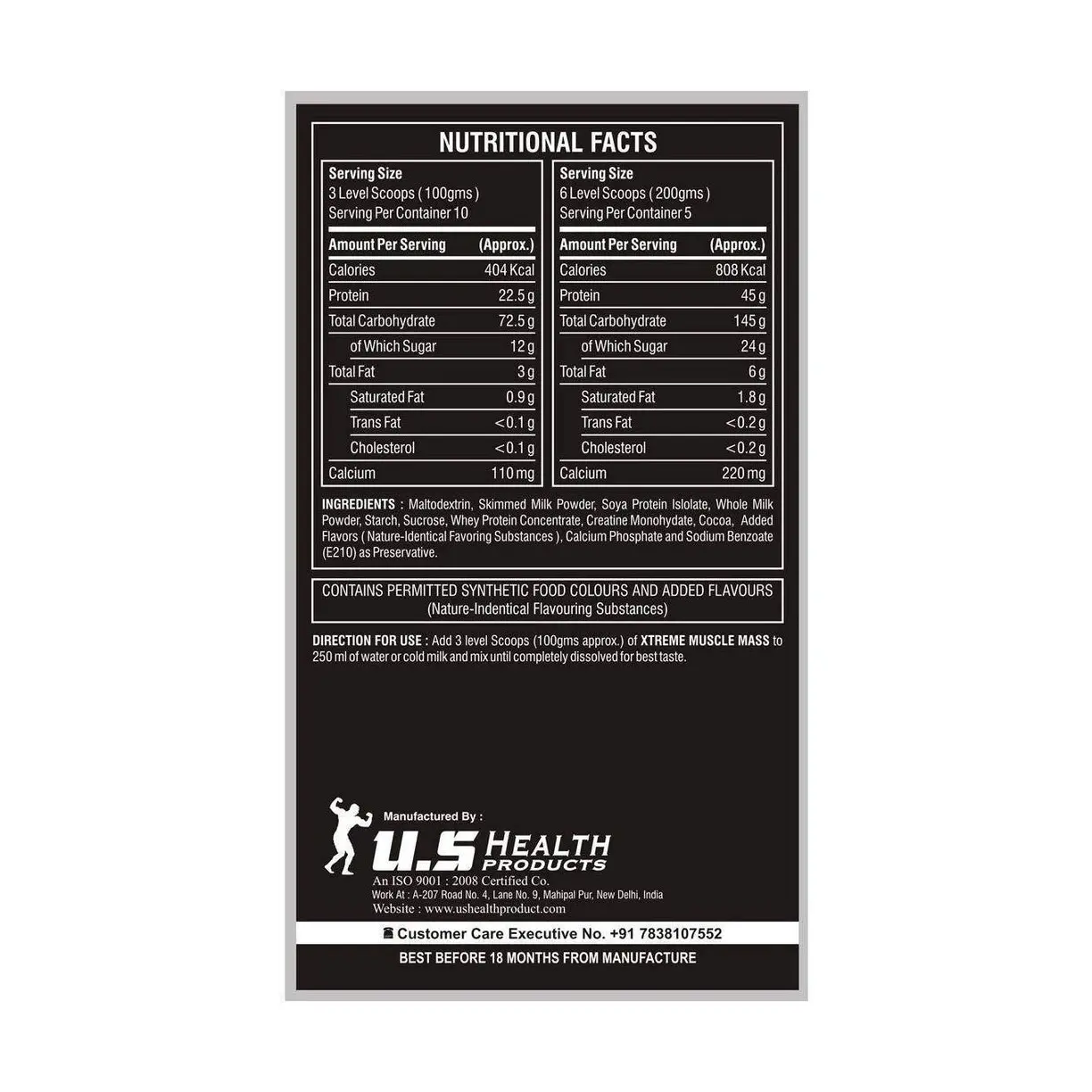 Nutritional facts for Xtreme Muscle Mass: 404 kcal, 22.5g protein, and 72.5g carbs per 100g serving