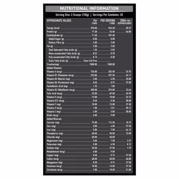 Nutritional information for MuscleBlaze Bulk Gainer: 556.20 kcal, 26.40g protein, and 107.40g carbs per 150g serving