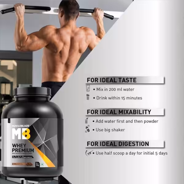 MuscleBlaze Whey Premium usage: Mix in 200ml water, add water before powder, and use half scoop for initial 5 days