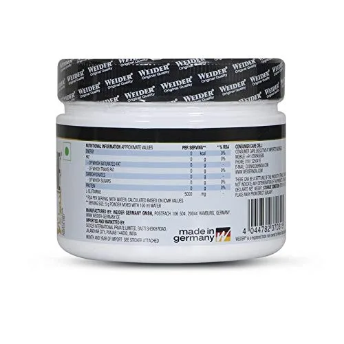 Nutritional information label for Weider L-Glutamine Powder showing 5000 mg of L-Glutamine per serving