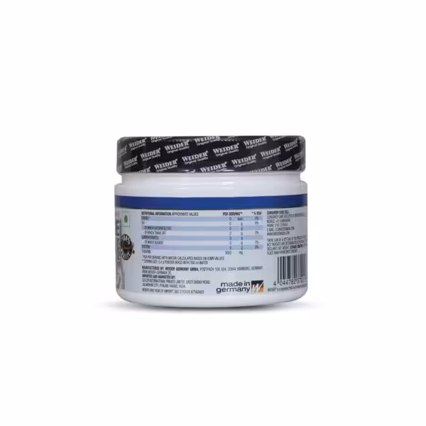 Nutritional information label for Weider Pure Creatine showing 3000mg of creatine per serving and zero calories