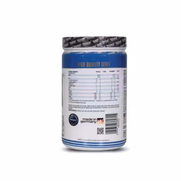 Nutritional facts for Weider Premium BCAA Powder, including Vitamin B6, L-Leucine, L-Isoleucine, L-Valine, and L-Glutamine