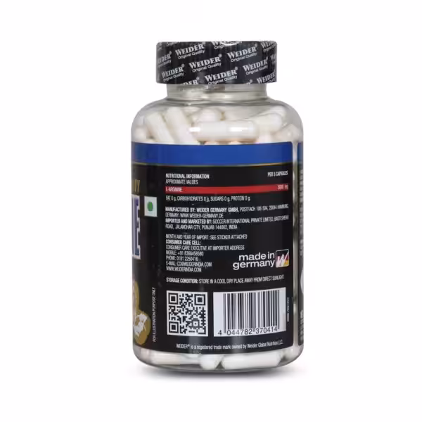 Nutritional information for Weider L-Arginine: 5000 mg per 5 capsules. Made in Germany