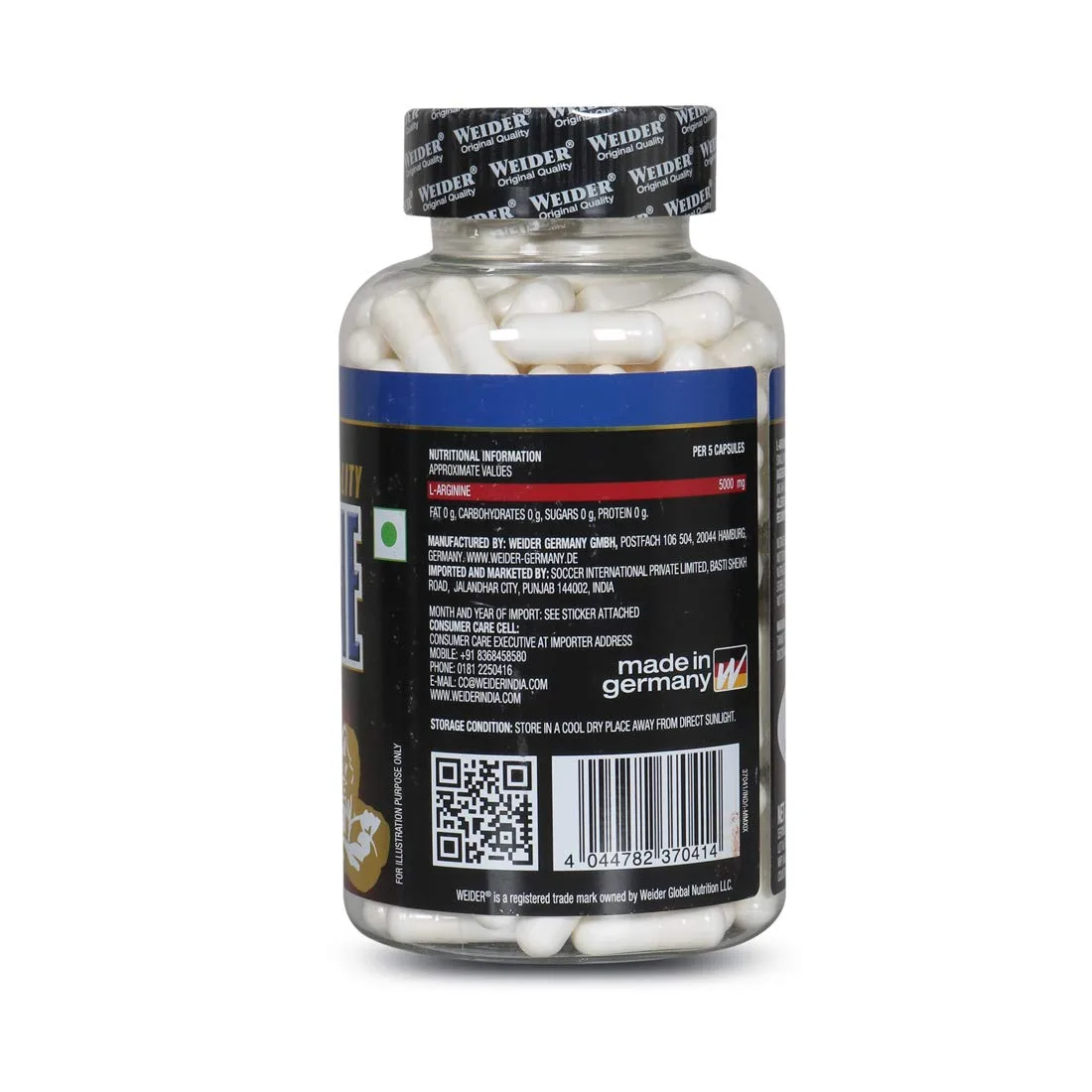Nutritional information for Weider L-Arginine: 5000 mg per 5 capsules. Made in Germany