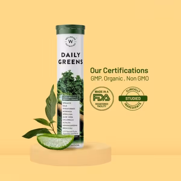 Wellbeing Nutrition Daily Greens: GMP, Organic, Non GMO, FDA registered facility, and clinically studied ingredients