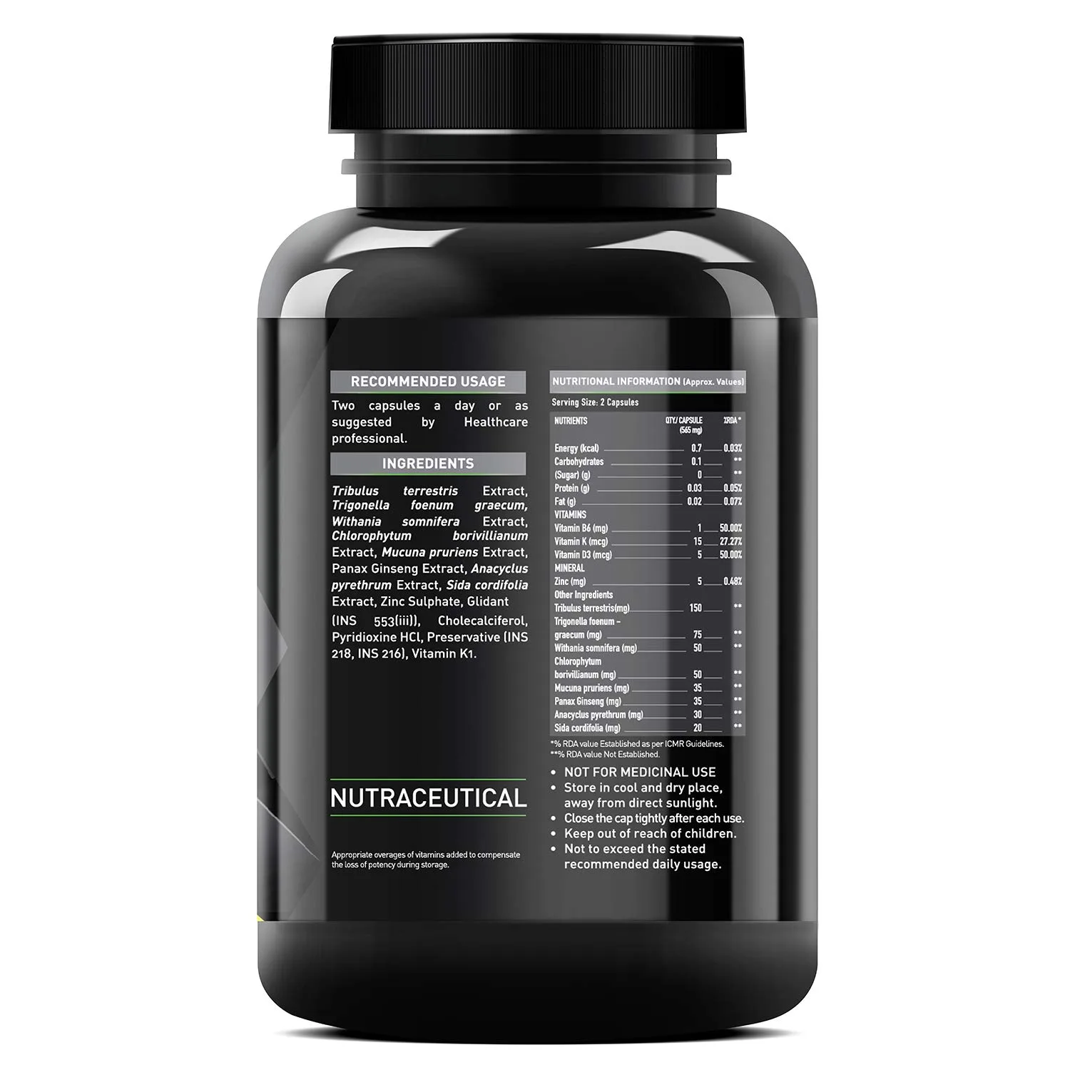 MuscleBlaze Test Pro label with recommended usage, ingredients, and nutritional information table