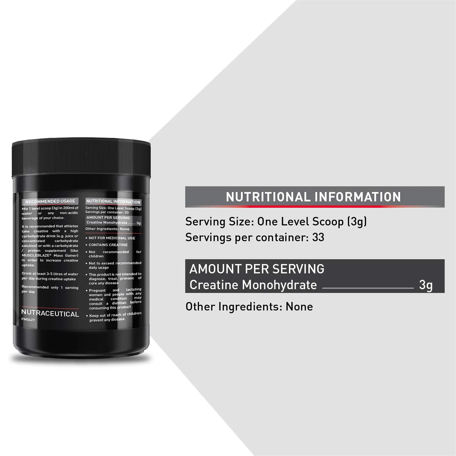 Nutritional Information: Serving size 3g, 33 servings per container. Each serving provides 3g of Creatine Monohydrate