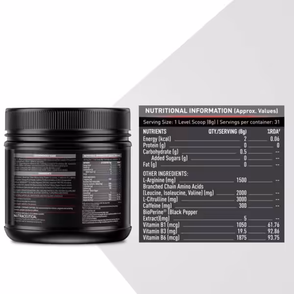 Nutritional information for MuscleBlaze PRE Workout 300, including serving size, nutrients, and active ingredients