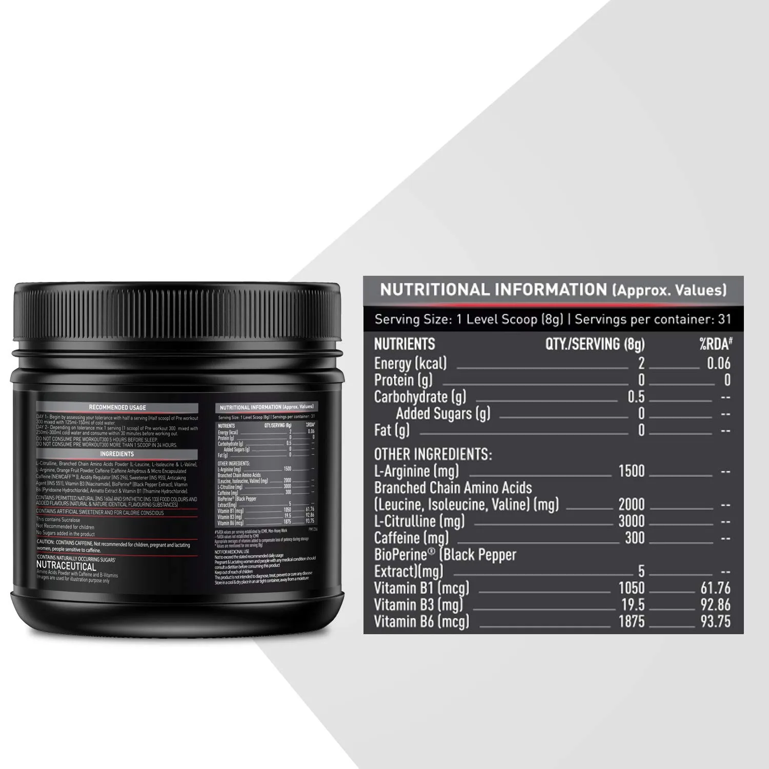 Nutritional information for MuscleBlaze PRE Workout 300, including serving size, nutrients, and active ingredients