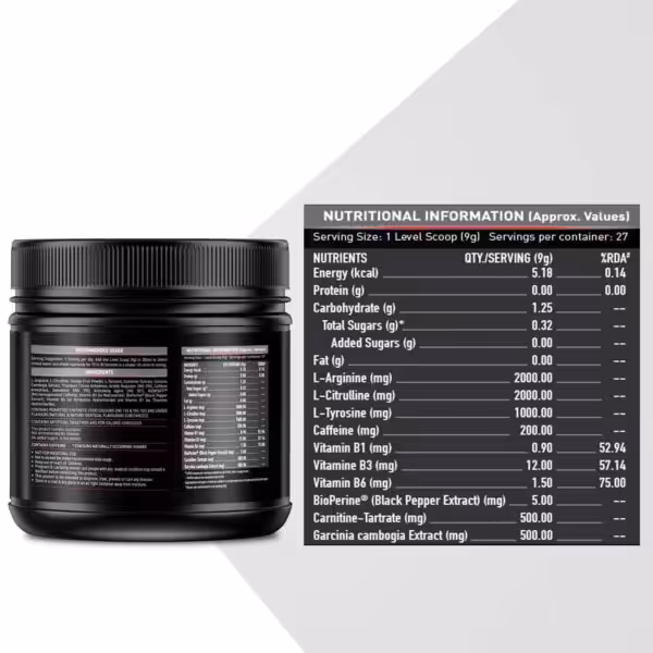 Nutritional facts for MuscleBlaze Pre Workout Ripped, featuring 2000mg L-Arginine, 2000mg L-Citrulline, and 200mg Caffeine