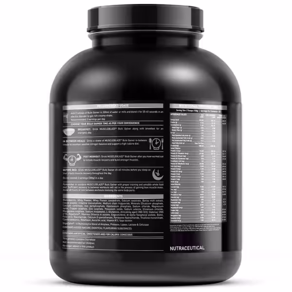 Back label of MuscleBlaze Bulk Gainer showing recommended usage, nutritional information table, and ingredients list