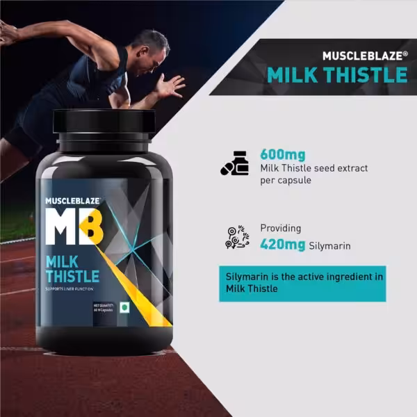 MuscleBlaze Milk Thistle: 600mg seed extract per capsule providing 420mg Silymarin. Supports liver function. 60 capsules
