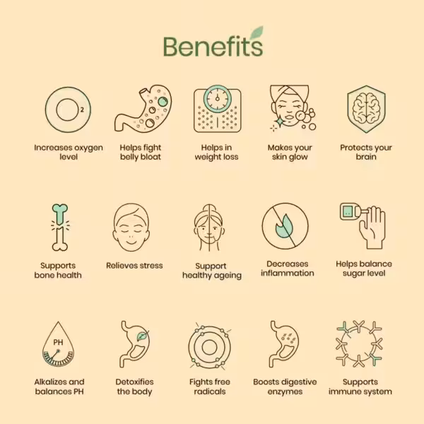 Benefits include increased oxygen, weight loss, glowing skin, brain protection, stress relief, and immune support