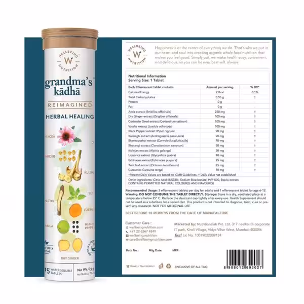 Nutritional information for Wellbeing Nutrition Grandma's Kadha, listing 14 herbal extracts and 2 kcal per tablet