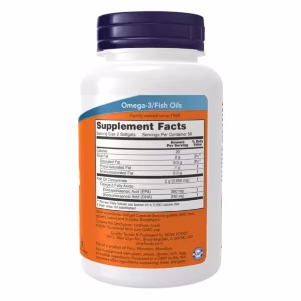 Supplement facts for Now Foods Omega-3 Fish Oil: 2 softgels per serving, 2,000mg fish oil, 360mg EPA, and 240mg DHA