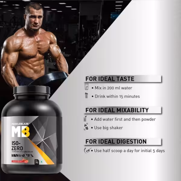 MuscleBlaze Iso-Zero usage: Mix 200ml water; add water before powder; use half scoop daily for first 5 days