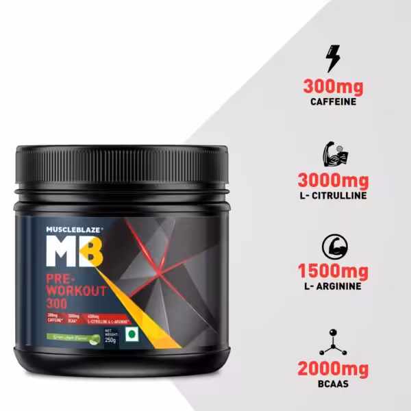 MuscleBlaze PRE Workout 300 containing 300mg Caffeine, 3000mg L-Citrulline, 1500mg L-Arginine, and 2000mg BCAAs