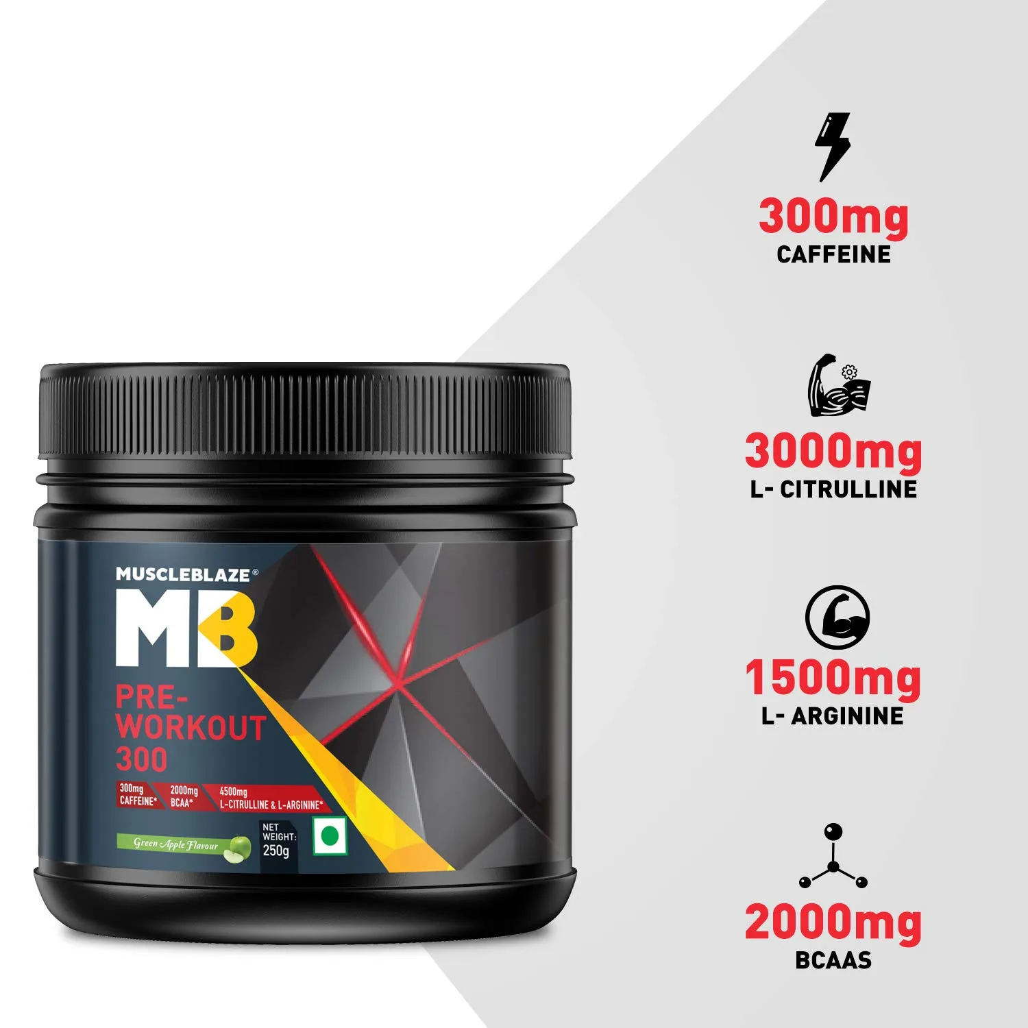 MuscleBlaze PRE Workout 300 containing 300mg Caffeine, 3000mg L-Citrulline, 1500mg L-Arginine, and 2000mg BCAAs