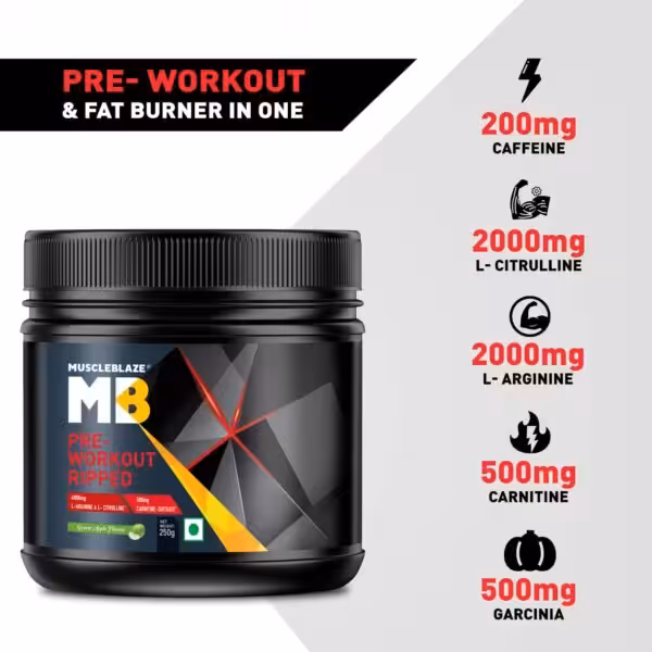 MuscleBlaze Pre-Workout Ripped: Pre-workout and fat burner with 200mg Caffeine, 2000mg L-Citrulline, 2000mg L-Arginine, 500mg Carnitine, and 500mg Garcinia