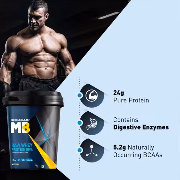 MuscleBlaze Raw Whey Protein 80% features: 24g Pure Protein, Digestive Enzymes, and 5.2g Naturally Occurring BCAAs