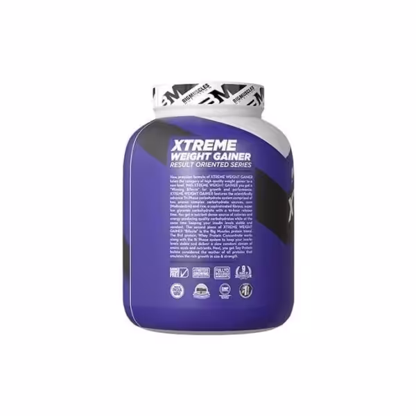 Bigmuscles Nutrition Xtreme Weight Gainer tub showing product details and quality certifications