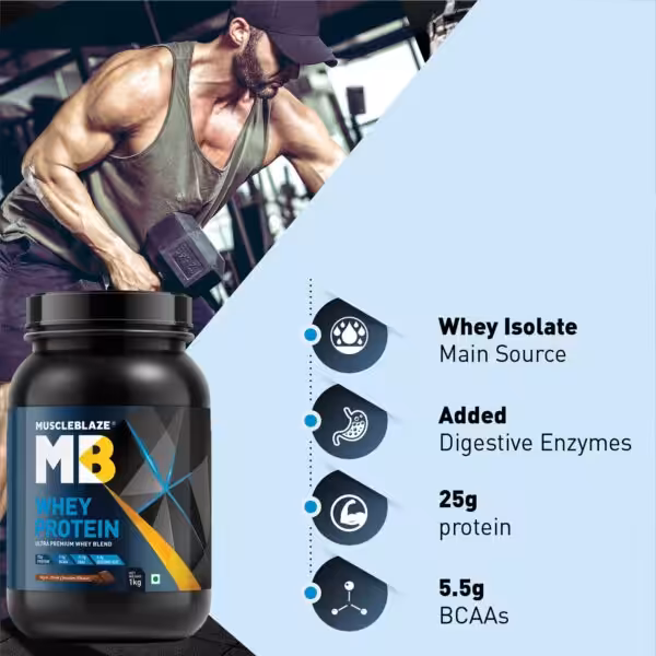 MuscleBlaze Whey Protein featuring 25g protein, 5.5g BCAAs, whey isolate main source, and added digestive enzymes