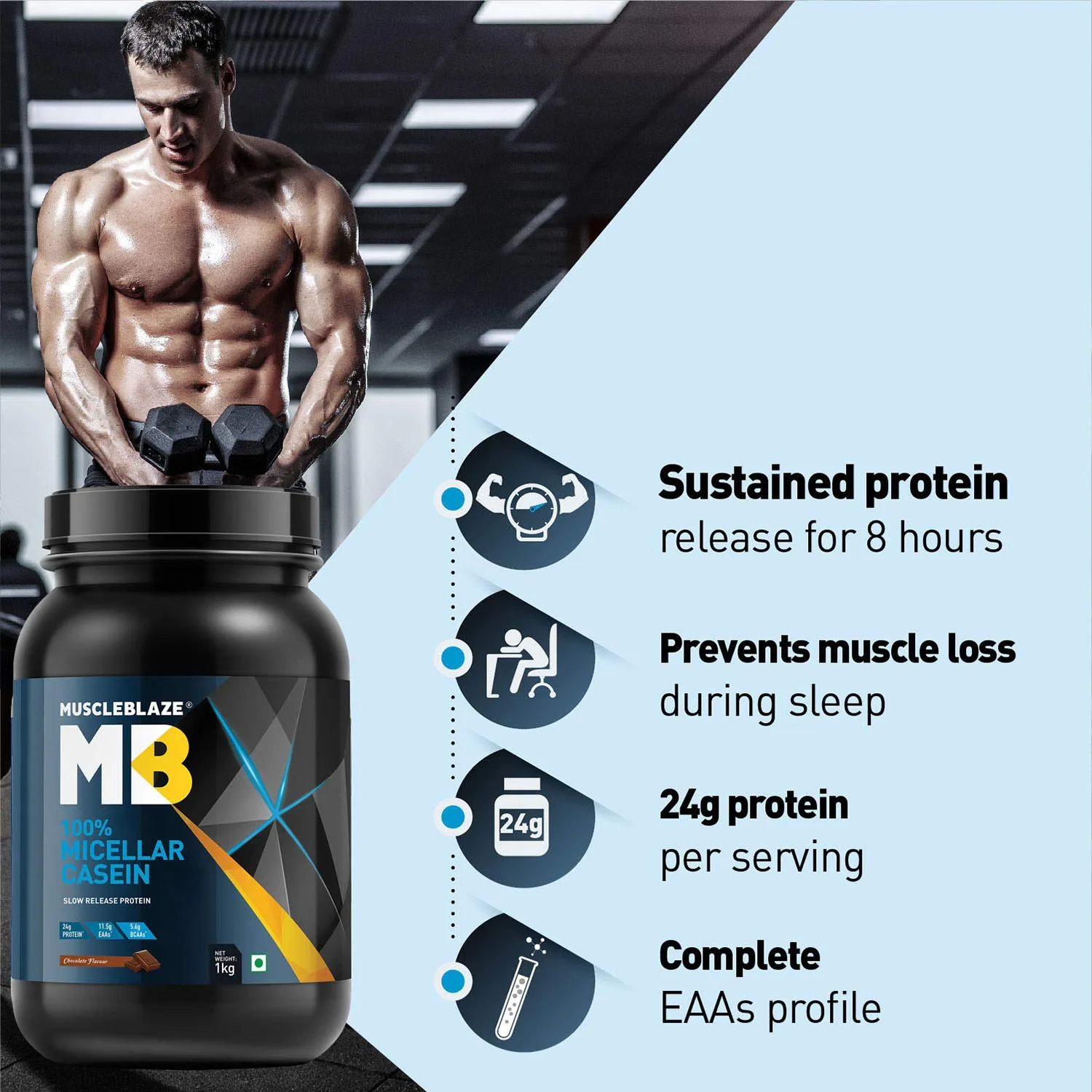MuscleBlaze 100% Micellar Casein: 8-hour protein release, prevents muscle loss during sleep, 24g protein, complete EAAs