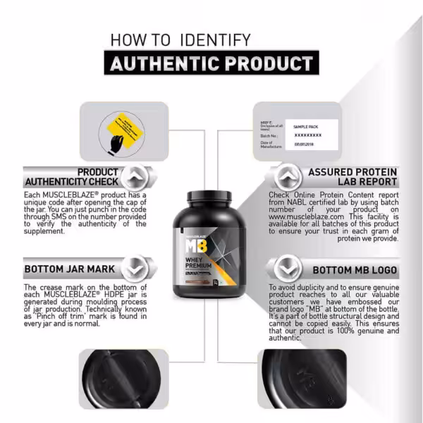 Authentication guide for MuscleBlaze: unique code, online lab reports, bottom crease mark, and embossed MB logo
