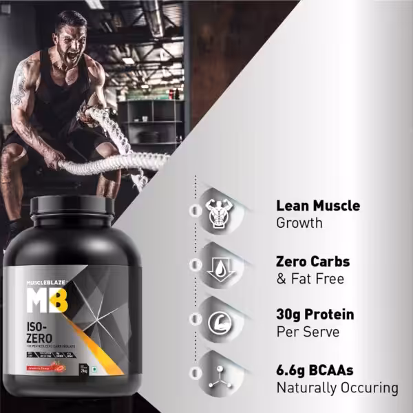 MuscleBlaze Iso-Zero: 30g protein per serve, zero carbs, fat-free, and 6.6g BCAAs for lean muscle growth