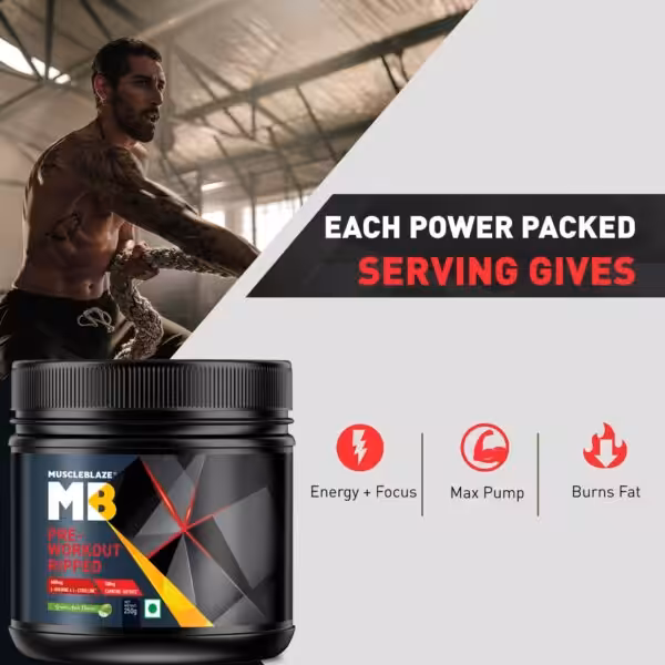Each serving of MuscleBlaze Pre Workout Ripped provides energy, focus, max pump, and burns fat