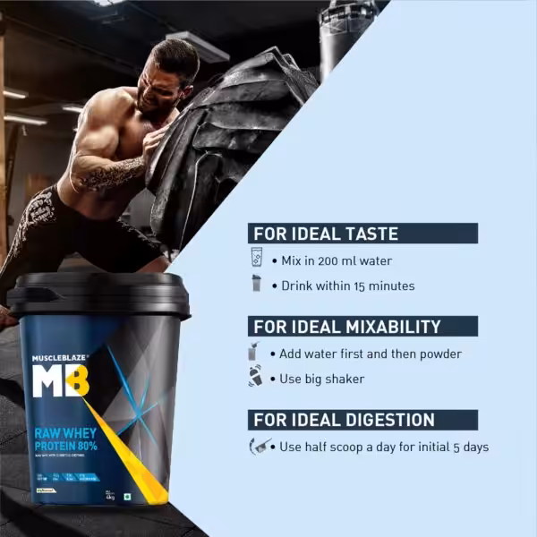 MuscleBlaze Raw Whey Protein 80% usage: Mix with 200ml water; add water then powder in a big shaker; use half scoop for first 5 days