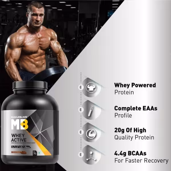 MuscleBlaze Whey Active: 20g protein, complete EAAs profile, and 4.4g BCAAs for faster recovery