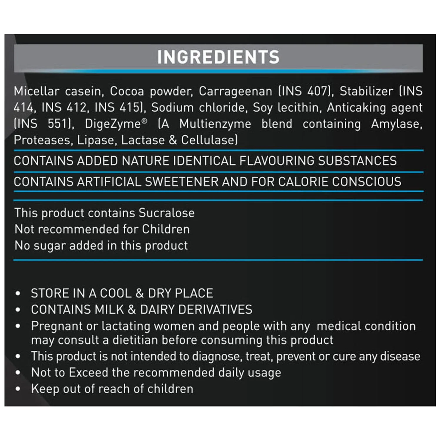 Ingredients: Micellar casein, cocoa, enzymes. Contains milk, soy, sucralose. Safety warnings and storage instructions included