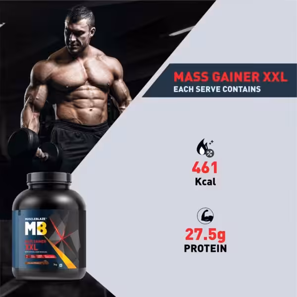 MuscleBlaze Mass Gainer XXL: Each serving contains 461 Kcal and 27.5g protein