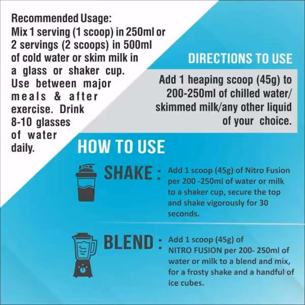 Usage instructions: Mix 1 scoop (45g) with 200-250ml water or milk. Use between meals and after exercise. Shake or blend