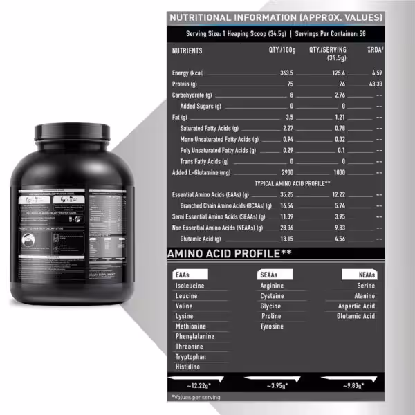 Nutritional facts for MuscleBlaze Whey Premium: 26g protein, 125.4 kcal, and 12.22g EAAs per 34.5g serving