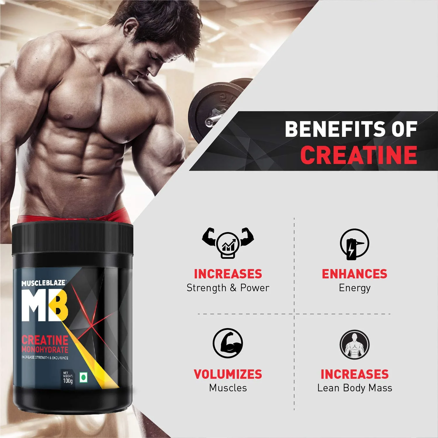 Benefits of Creatine: Increases Strength & Power, Enhances Energy, Volumizes Muscles, and Increases Lean Body Mass